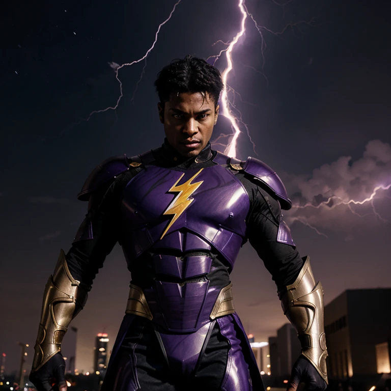 Black superhero flying with purple and gold armor and lightning and UFOs behind him with a sword in his hands