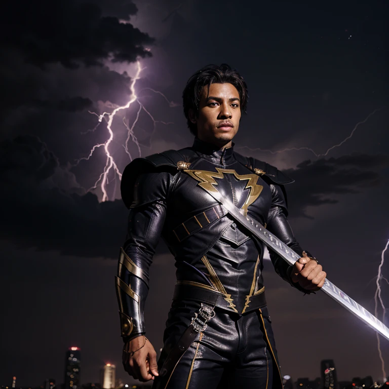 Black superhero flying with purple and gold armor and lightning and UFOs behind him with a sword in his hands