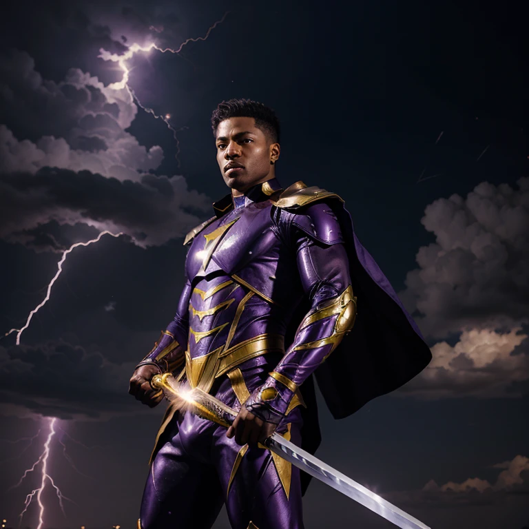 Black superhero flying with purple and gold armor and lightning and UFOs behind him with a sword in his hands