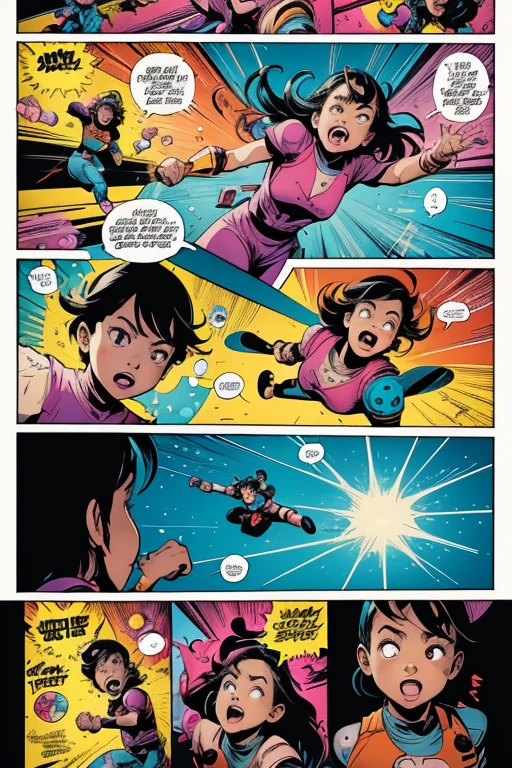 (a girl),illustration,comic style,colorful,bright colors,cartoonish,outlined details,dynamic poses,expressive faces,energetic,action-packed backgrounds,bubble speech,thought bubbles,humor,playful,joyful,storytelling, vibrant,ink and pencil shading,cell shading,high contrast,animated,visual storytelling,strong outlines, exaggerated features,narrative,funny interactions,captivating characters,explosions of color,expression of emotions,captivating storylines,comic book vibes,engaging,interesting perspectives,comic book panels,whimsical,exciting scenes,colorful illustrations,playful imagination,action sequences,comic book typography,dialogues,comic strip format,eye-catching,attention-grabbing,unique storytelling,entertaining.