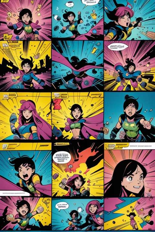 (a girl),illustration,comic style,colorful,bright colors,cartoonish,outlined details,dynamic poses,expressive faces,energetic,action-packed backgrounds,bubble speech,thought bubbles,humor,playful,joyful,storytelling, vibrant,ink and pencil shading,cell shading,high contrast,animated,visual storytelling,strong outlines, exaggerated features,narrative,funny interactions,captivating characters,explosions of color,expression of emotions,captivating storylines,comic book vibes,engaging,interesting perspectives,comic book panels,whimsical,exciting scenes,colorful illustrations,playful imagination,action sequences,comic book typography,dialogues,comic strip format,eye-catching,attention-grabbing,unique storytelling,entertaining.