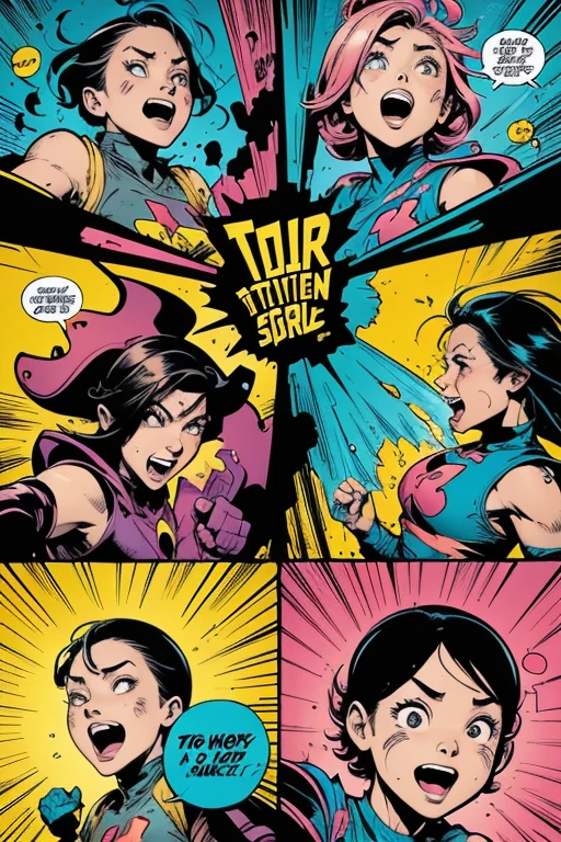 (a girl),illustration,comic style,colorful,bright colors,cartoonish,outlined details,dynamic poses,expressive faces,energetic,action-packed backgrounds,bubble speech,thought bubbles,humor,playful,joyful,storytelling, vibrant,ink and pencil shading,cell shading,high contrast,animated,visual storytelling,strong outlines, exaggerated features,narrative,funny interactions,captivating characters,explosions of color,expression of emotions,captivating storylines,comic book vibes,engaging,interesting perspectives,comic book panels,whimsical,exciting scenes,colorful illustrations,playful imagination,action sequences,comic book typography,dialogues,comic strip format,eye-catching,attention-grabbing,unique storytelling,entertaining.