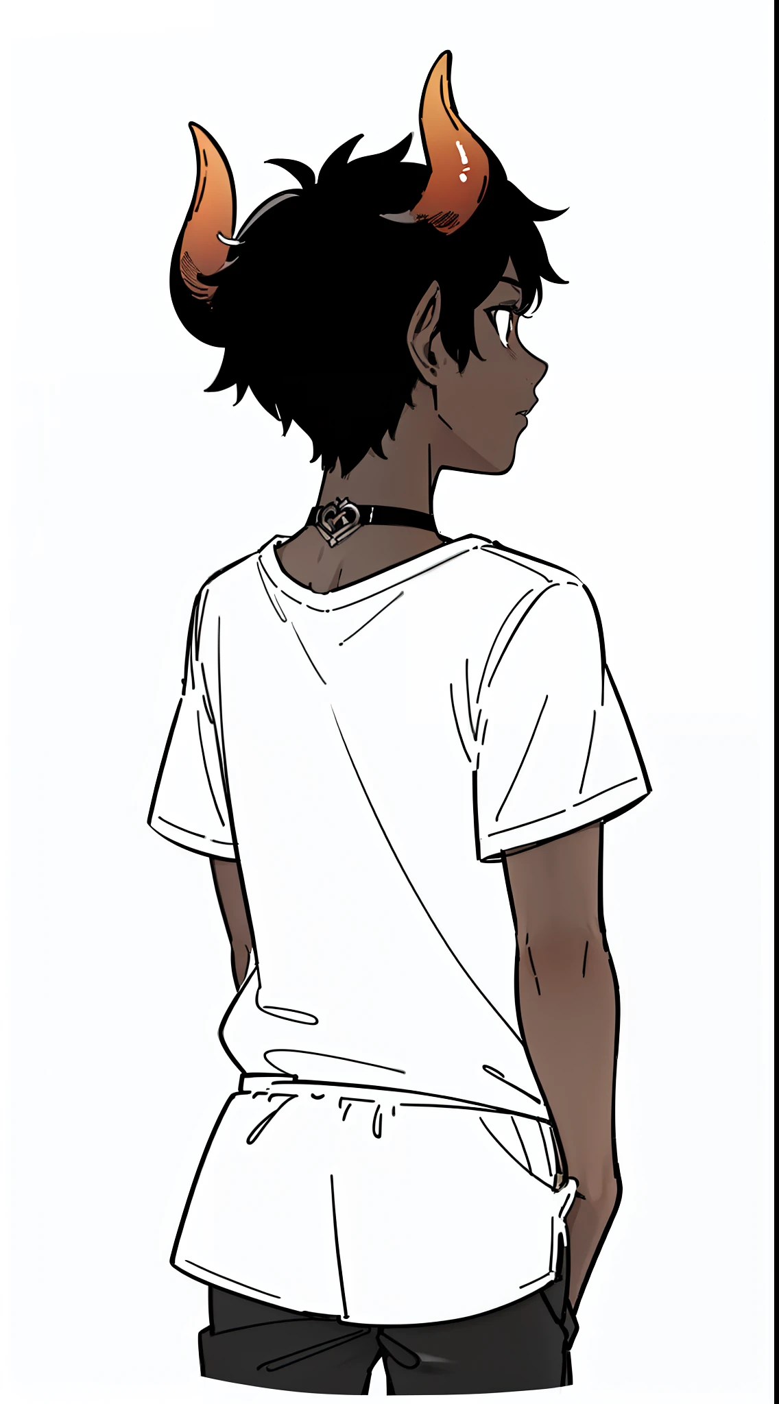 1boy,10 years,solo,sad,((dark skin)),((white shirt,short sleeves,black shorts,black hair,elf ears,(horns),cowboy shot,(white background,line drawing),from back,looking front