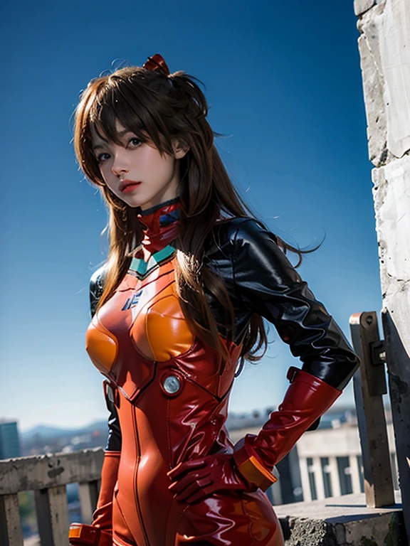 Mejor calidad, obra maestra, Realista, photoRealista, uhd, 1 chica, Solo, mirando al espectador, cuerpo completo, arrodillado, pelo largo, Disfraz de cosplay de Asuka, cosplay, traje de enchufe, mono, adorno para el pelo, Fondo simple,