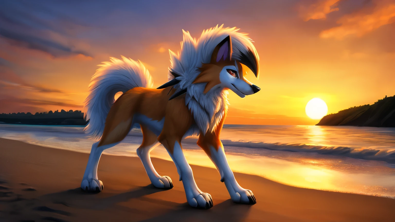 ((feral)),lycanroc,dusk form lycanroc,male, pokemon \(lycanroc-dusk\), anatomically correct,sunset,howling,stood on empty beach, [best quality, shaded, extreme detail, highly detailed, ultradetailed, intricate, realistic], detailed background,black neck spikes,all fours,looking at sun