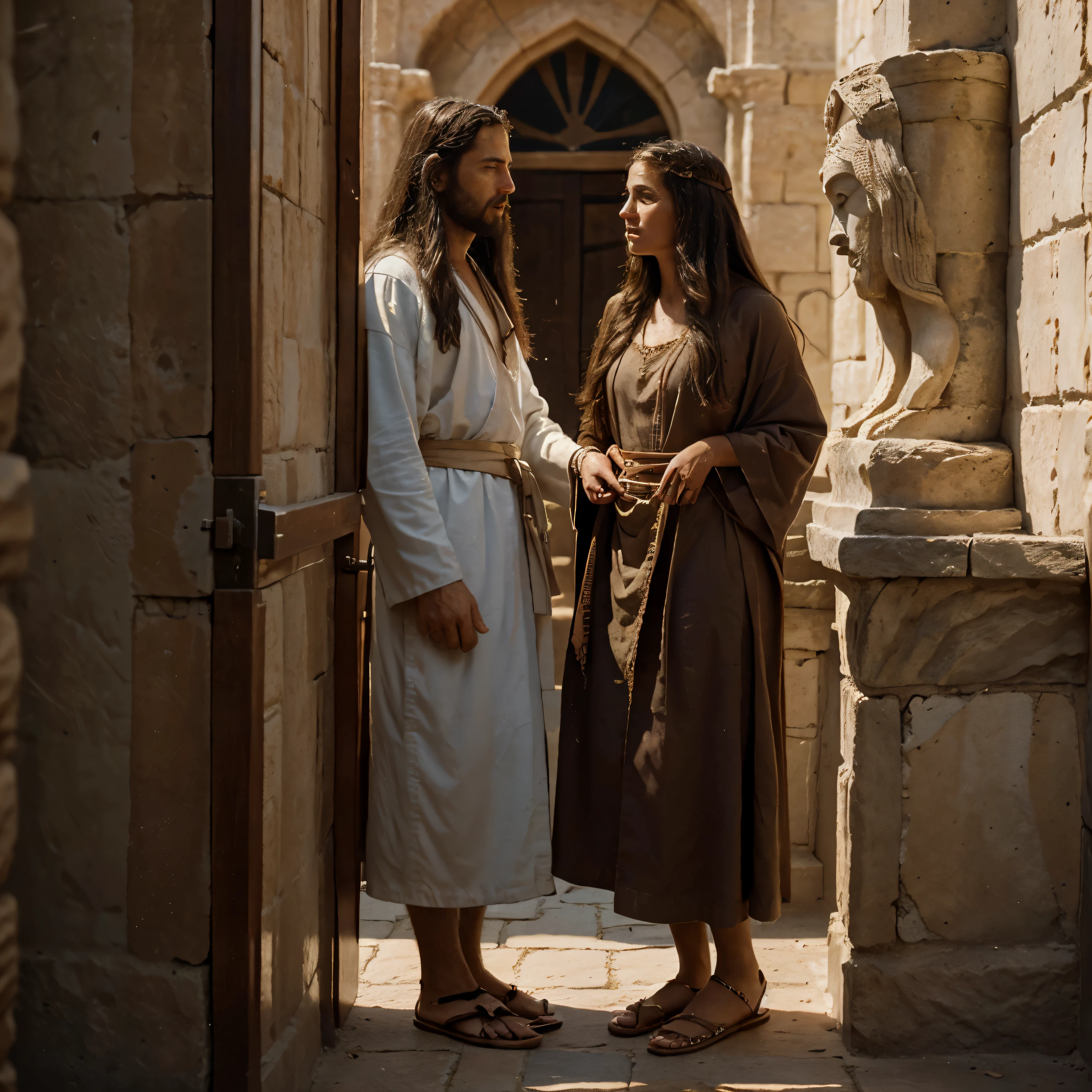 Create an image that depicts Jesus' initial interaction with the Canaanite woman, showing him dressed in historically appropriate attire for the time and region, including details such as robes, sandals, and any symbolic or cultural elements related to Jesus' identity. The environment should reflect the historical context in terms of architecture, landscape, and cultural motifs.