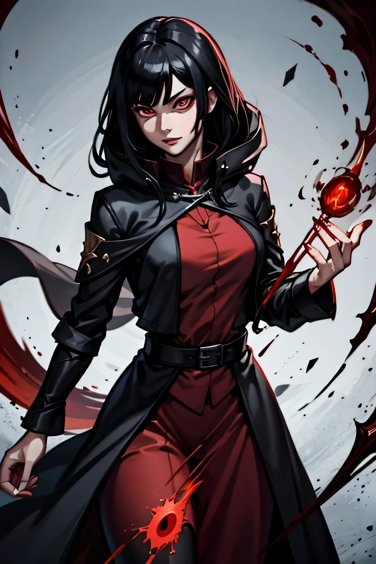 sorceress with black hair and red eyes casting a blood spell
