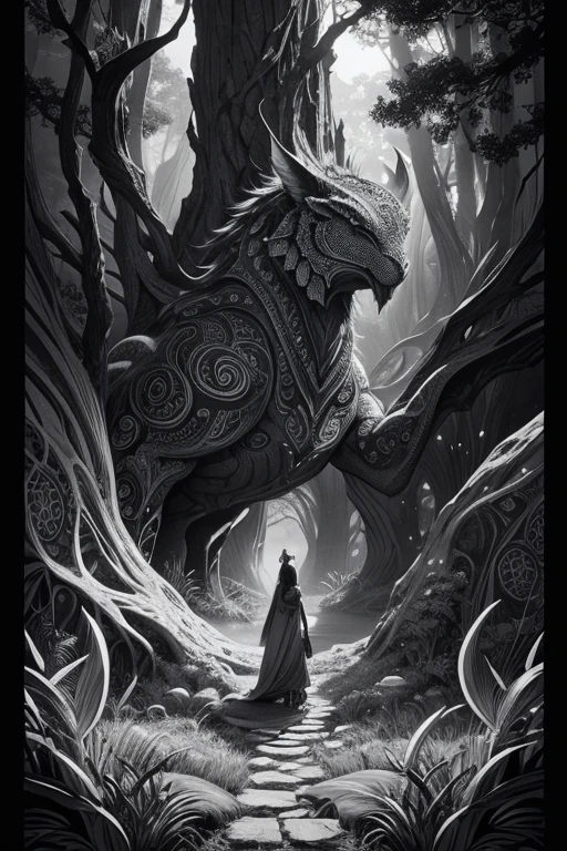 illustrative,hand-drawn,lineart,editorial,sketch,black and white,detailed characters,vibrant background,stylized,creative composition,organic shapes,dynamic poses,expressive emotions,natural scenery,sunlight filtering through trees,magical atmosphere,mysterious,storybook-like,whimsical elements,playful,engaging,attention-grabbing visuals,high contrast,contrasting textures,detailed linework,meticulous attention to detail,combination of realism and fantasy,surreal elements,fantastical creatures,elaborate patterns,gradient shading,lively and energetic vibe