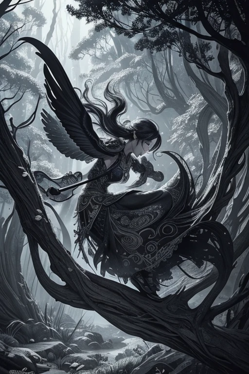 illustrative,hand-drawn,lineart,editorial,sketch,black and white,detailed characters,vibrant background,stylized,creative composition,organic shapes,dynamic poses,expressive emotions,natural scenery,sunlight filtering through trees,magical atmosphere,mysterious,storybook-like,whimsical elements,playful,engaging,attention-grabbing visuals,high contrast,contrasting textures,detailed linework,meticulous attention to detail,combination of realism and fantasy,surreal elements,fantastical creatures,elaborate patterns,gradient shading,lively and energetic vibe