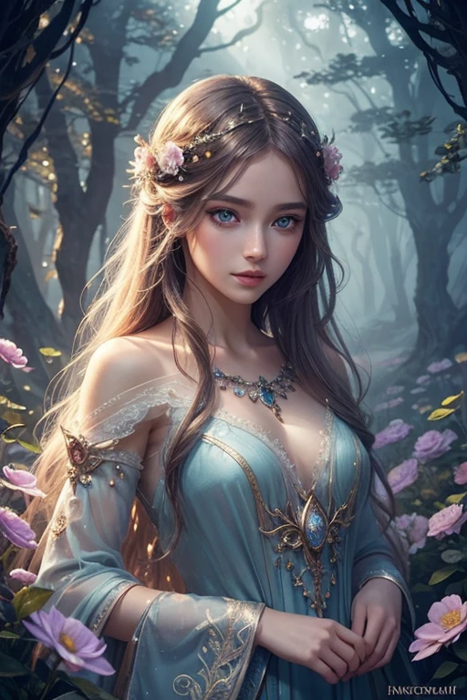 best quality,ultra-detailed,realistic:1.37,illustration,character,beautiful detailed eyes,beautiful detailed lips,extremely detailed eyes and face,longeyelashes,fantasy world,magical atmosphere,vibrant colors,soft lighting,flowing hair,fair-skinned girl,delicate features,graceful pose,enchanted forest,nature elements,elegant dress,colorful flowers,artistic style,whimsical,unique character design,captivating expression,surreal background,mysterious aura,fantastical creatures,ethereal beauty,dreamlike scene,impressive details,illustrator's signature