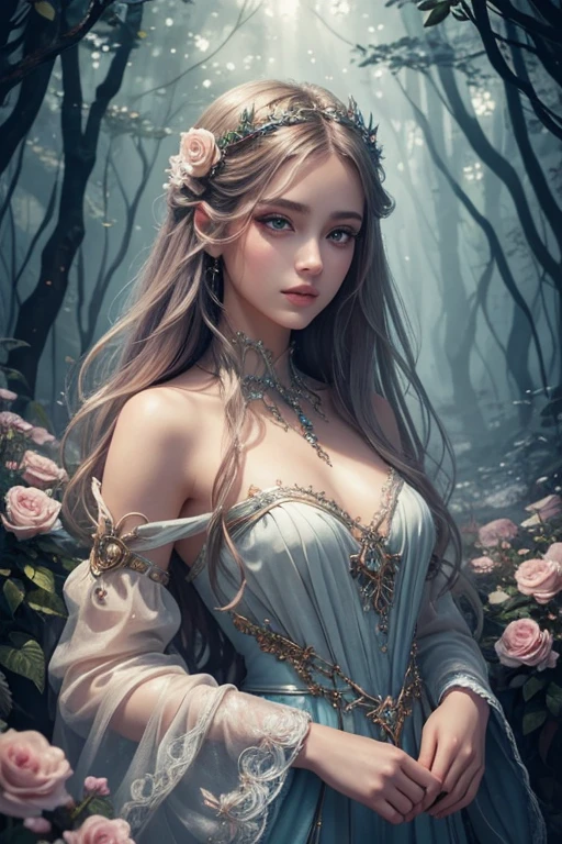 best quality,ultra-detailed,realistic:1.37,illustration,character,beautiful detailed eyes,beautiful detailed lips,extremely detailed eyes and face,longeyelashes,fantasy world,magical atmosphere,vibrant colors,soft lighting,flowing hair,fair-skinned girl,delicate features,graceful pose,enchanted forest,nature elements,elegant dress,colorful flowers,artistic style,whimsical,unique character design,captivating expression,surreal background,mysterious aura,fantastical creatures,ethereal beauty,dreamlike scene,impressive details,illustrator's signature
