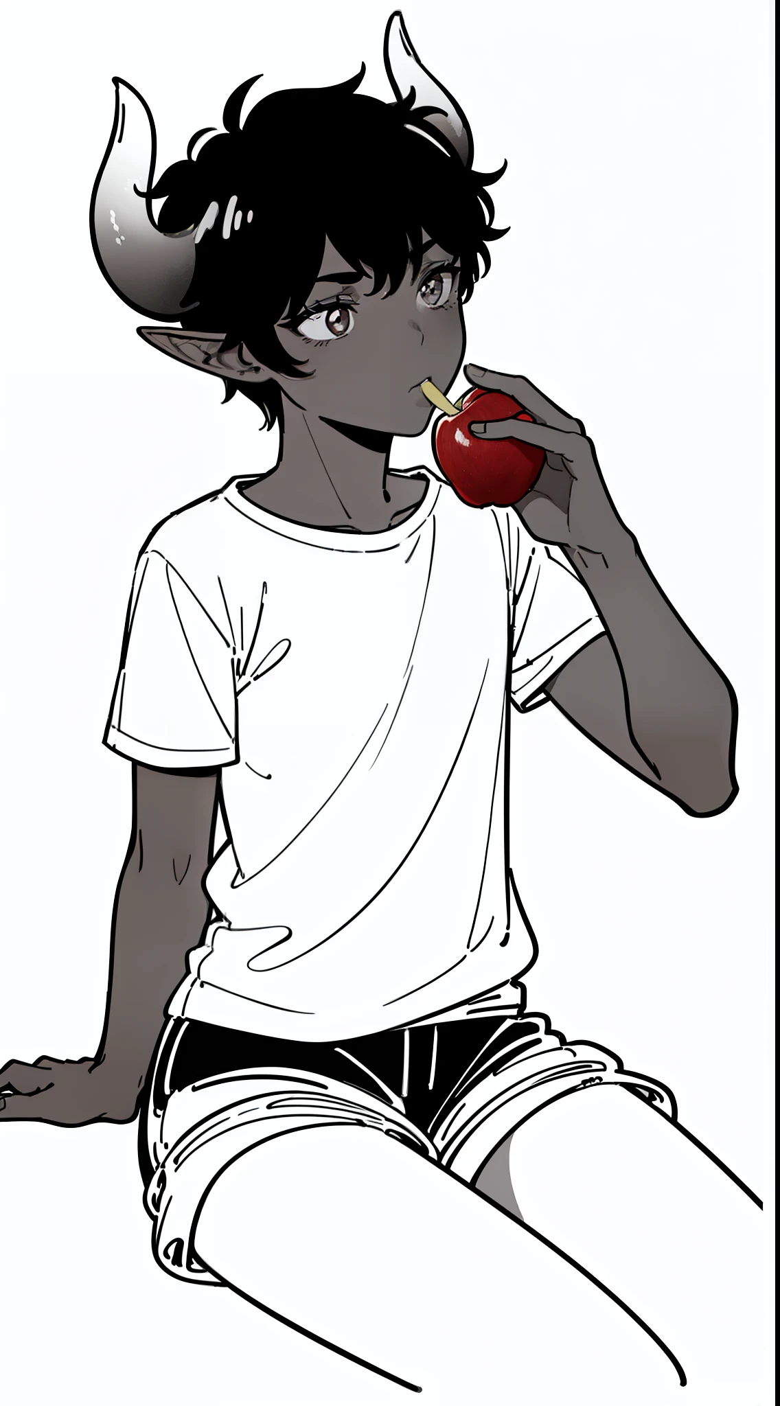 1boy,10 years,solo,sad,((dark skin)),((white shirt,short sleeves,black shorts,black hair,elf ears,(horns),cowboy shot,(white background,line drawing),sitting,eating a apple