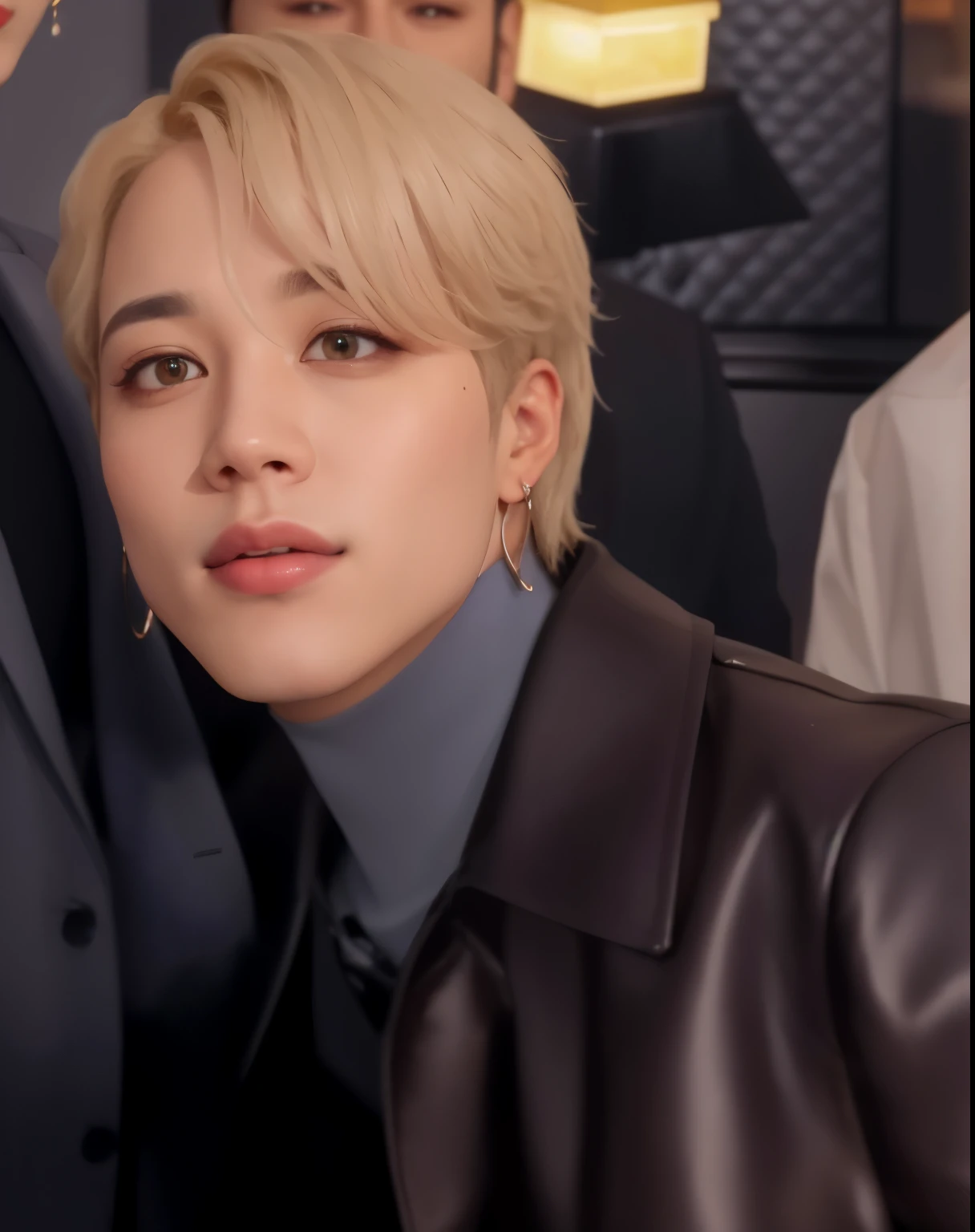 homem loiro com olhos azuis e uma jaqueta preta e gravata, Jimin\the full lips, Jimin\the right eyelid is swollen, accurate Jimin face, Jimin\o nariz grego, Jimin, park Jimin, kpop idol portrait, adorable and pale korean face, Retrato de Jossi do Blackpink, retrato suave fotografado 8k, [ foto realista ]!!