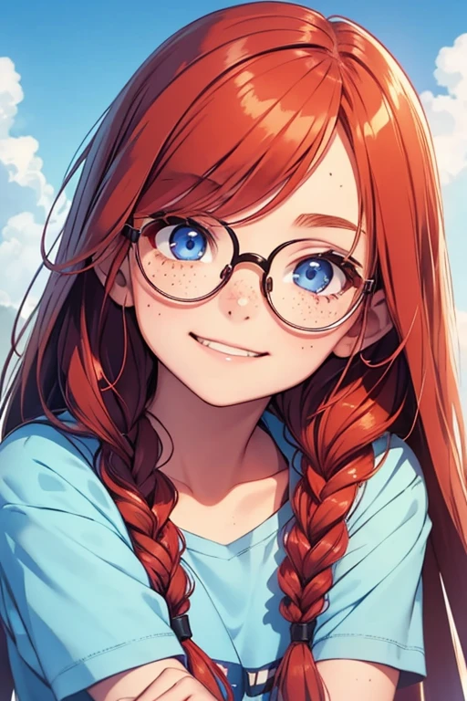 13 years old、girl、redhead、freckles、slightly tanned skin、round glasses、Braid、sky blue eyes、droopy eyes、2D illustration、smile