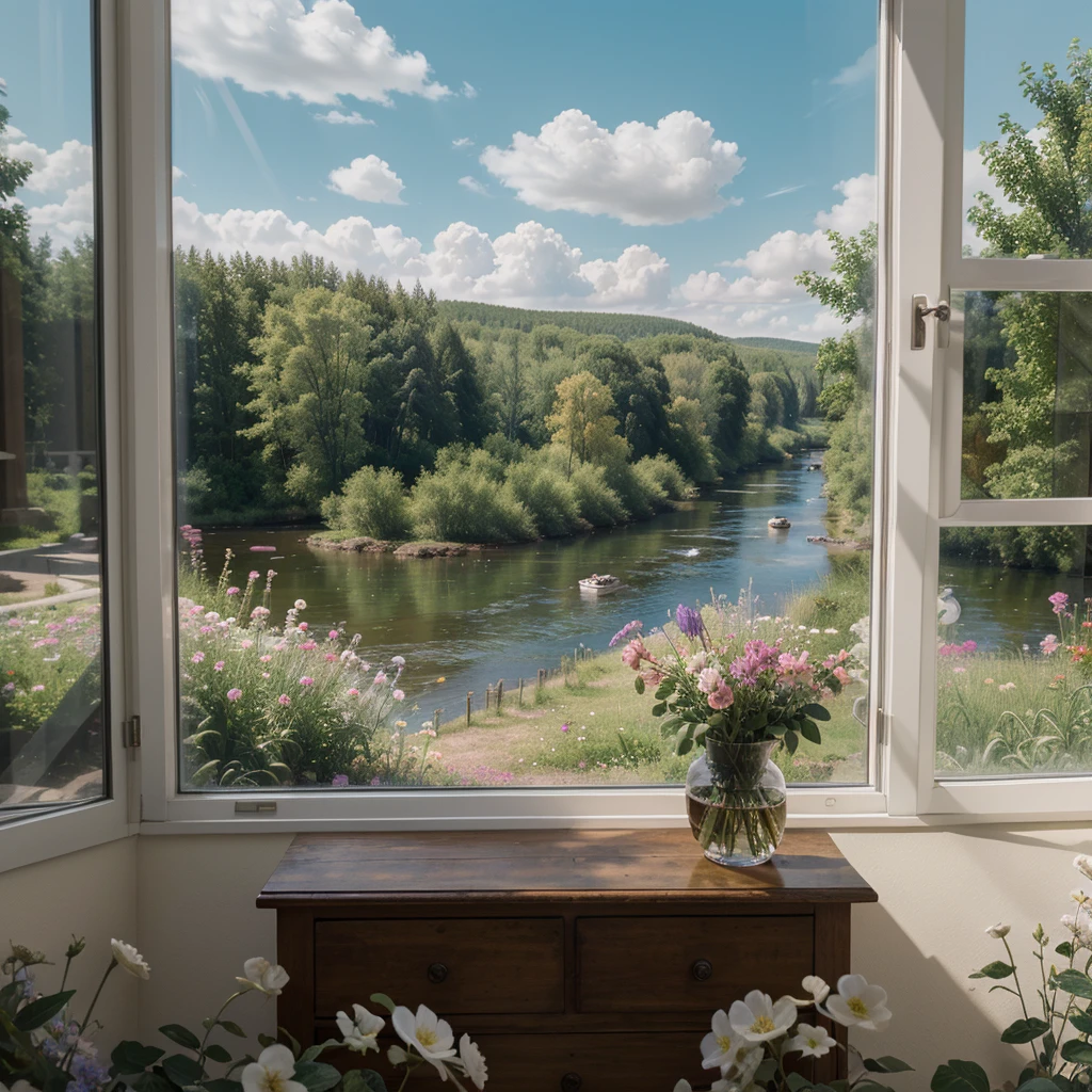 masterpiece, better quality, High quality, extremely detailed CG 8k Unity wallpaper, View from the window, Classic Russian Landscape, River, birch, blue skies, summer, flowers, cumulus clouds, HDR, flower, Chromatic aberration, Rendering, very detailed, Trend in art., GHS trend, difficult, high detail, Dramatic,