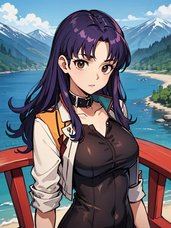 (obra maestra),(Mejor calidad), Katsuragi Misato, vestido negro, Brown eyes, collar con una cruz, vestido de cuello alto, chaqueta roja, en un puente, cerca, afuera, japanese castle far away, lago, Mirada persistente, ojos afilados, mountains,