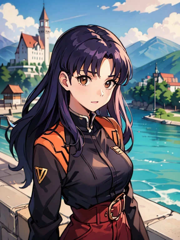 (obra maestra),(Mejor calidad), Katsuragi Misato, vestido ?????, Brown eyes,  collar con una cruz, vestido de cuello alto,  chaqueta roja, en un puente, cerca, afuera, japanese castle far away, lago, Mirada persistente, ojos afilados, mountains,