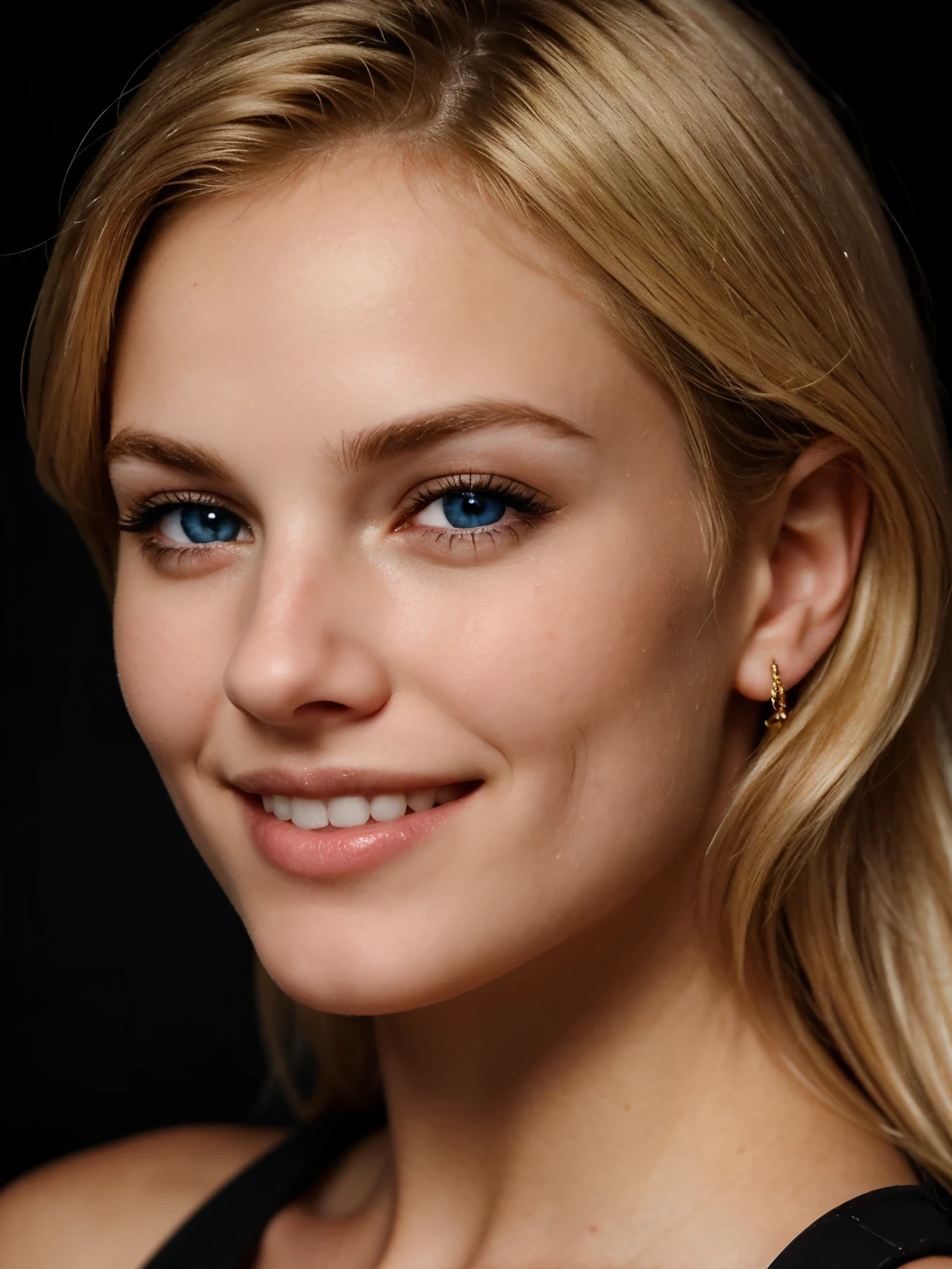 Dark-colored upper body close-up of a blonde with perfect eyes, He smiles, dark background, white skin,
