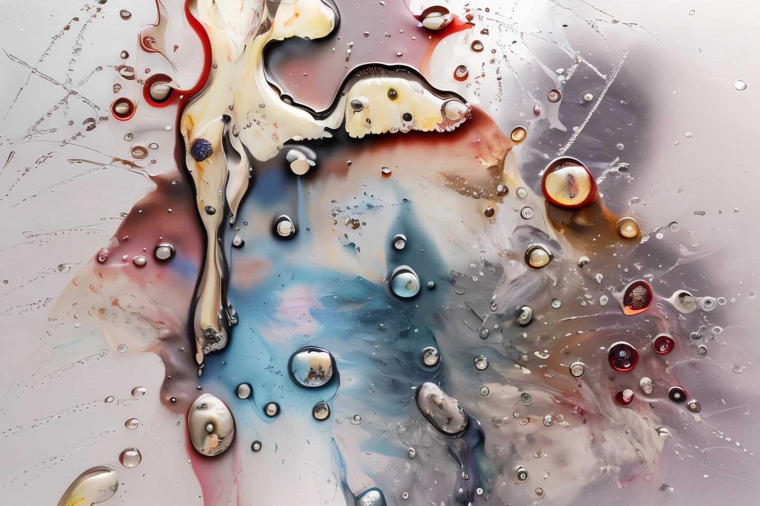 there is a close up of a painting of a woman with a umbrella, oil on water, abstract liquid, paint drops, intricate and wet oil paint, abstract liquid acrylic art, liquid painting, psychedelic droplets of water, liquid marble fluid painting, dripping oil paint, paint drips liquid wax, made of oil and water, wet metal reflections