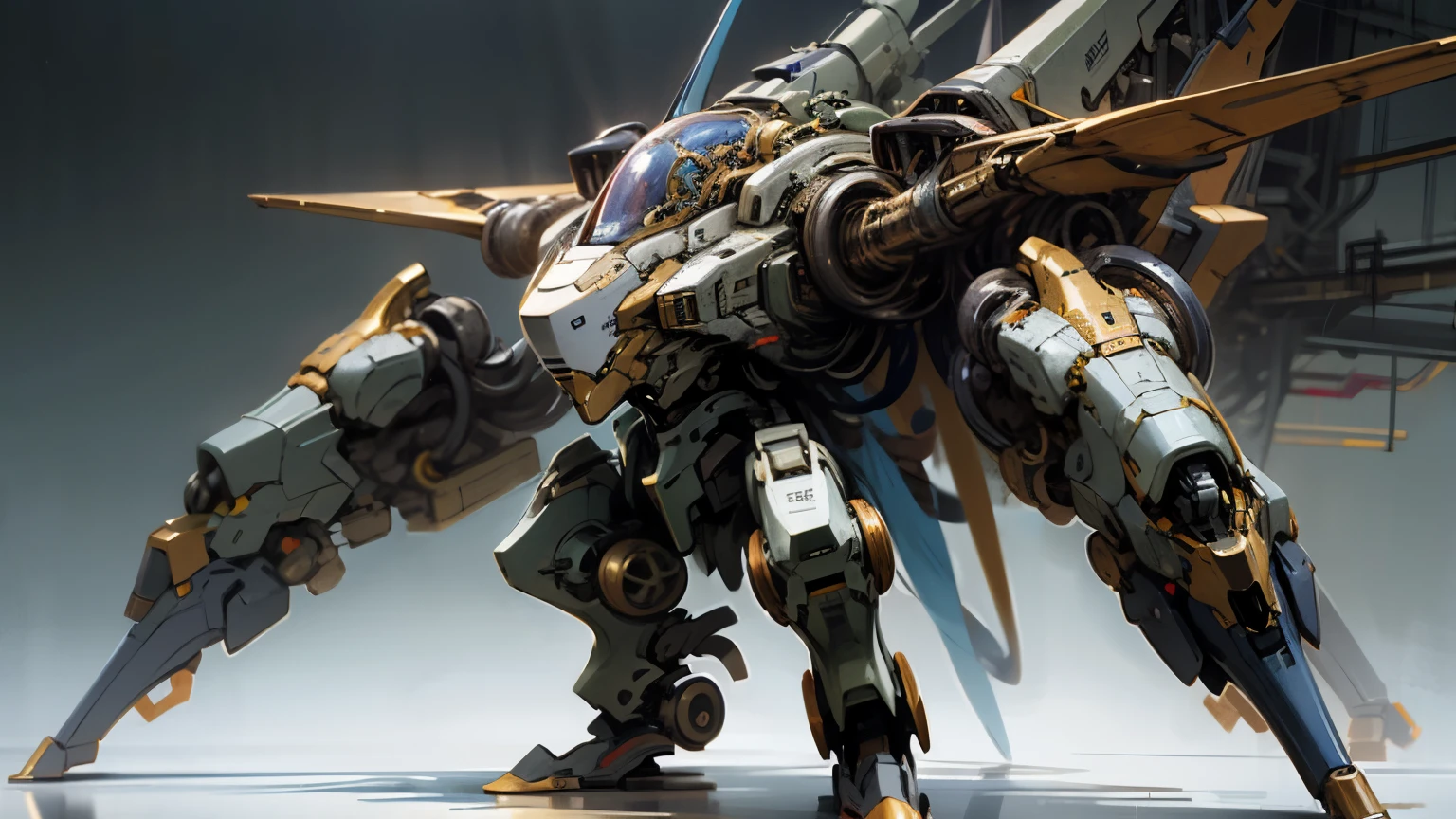 mech warior, anthropomorphic, mecha, tattoo, gold plating, full body, ferocity, exquisite details, masterpiece, 8k, high details, in hangar, sharp