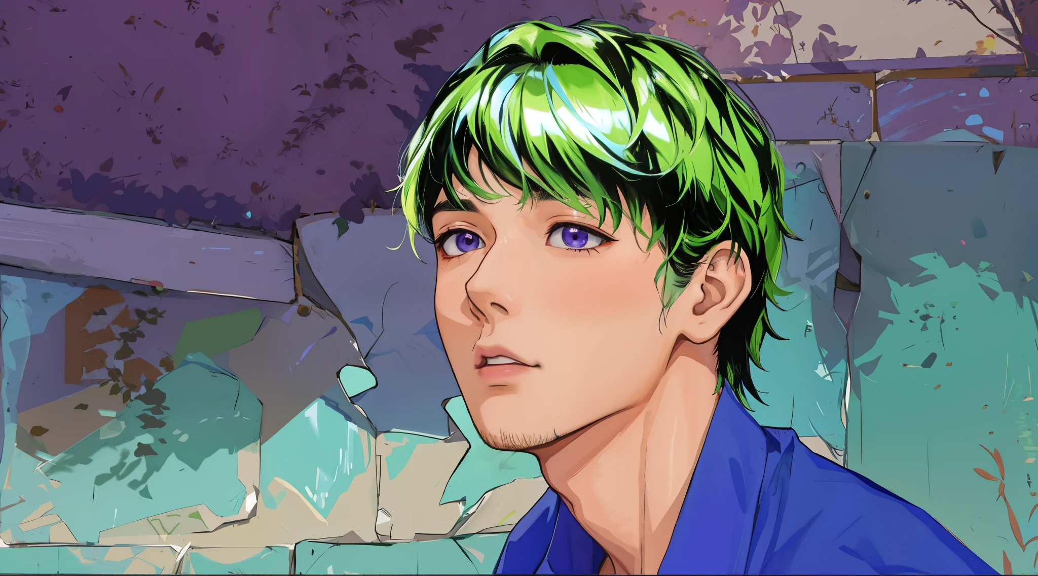 chico anime con cabello verde oscuroy una camisa morada esta hablando sobre alguien que se acerca habla con la voca abierta esta sorprendido