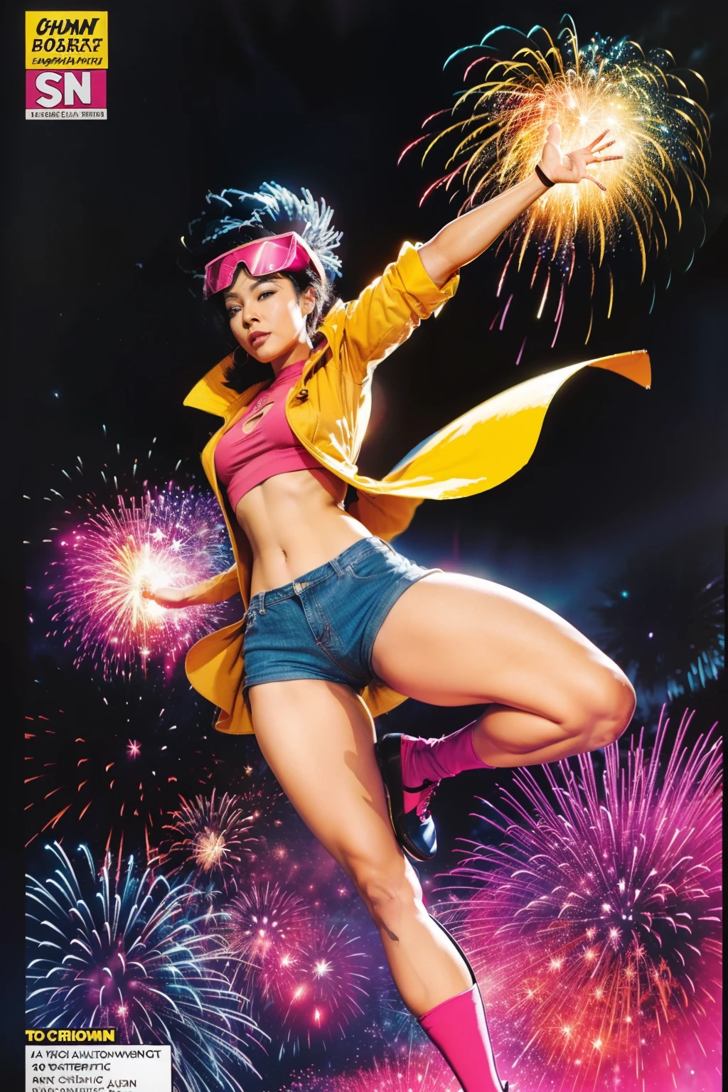 (((A comic style, cartoon art))). Jubilee is wearing her signature outfit. Asian girl, (((wearing blue jeans shorts))), short black hair, brown eyes, ((wearing yellow overcoat)) and blue jeans shorts, huge pink sunglasses, in dynamic heroic pose. fire blasts of concentrated plasma energy from your hands (((Hot Body, athletic body, sexy, Camel Toes))), which appears to be pulsing with power. ((abstract cinematic comic fireworks background)) , vivid colors, detailed, detailed face.