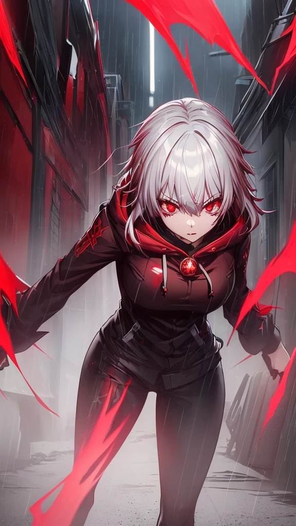 (best quality, masterpiece) one cute chibi girl in a technological suit, gray hair, red eyes, short bob haircut, vampire, pointed ears, close-up, upper half of the body, waist-deep, against the background of a red neon city, looking at the viewer, cyberpunk, red signs, a lot of red details, night, illustration, stern look