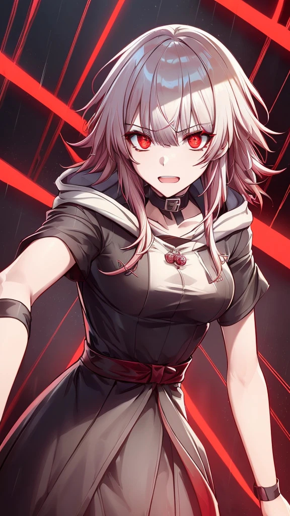 a dark red demon with horns and a hoodie, with red glowing eyes, red glowing eyes, evil smile and glowing eyes, the grim reapper, | demonic | horror themed, demon girl, grimdark vibes, evil glow, helltaker, dark art style, villain wearing a red oni mask, with glowing red eyes, kk, best quality, more details, masterpiece, 1girl, kaneki ken, girl focus, red eyes, solo, bangs, hood, short hair, rain, tokyo tokyo \(hell\), hood up, nail polish, white hair, luxurious, 8k, detailed, ray tracing, depth of field, cinematic lighting, devil, demon, (((masterpiece)))、(((top-quality)))、((ultra-detailliert)), Vampires, NSFW, no clothes, perfect body proportions