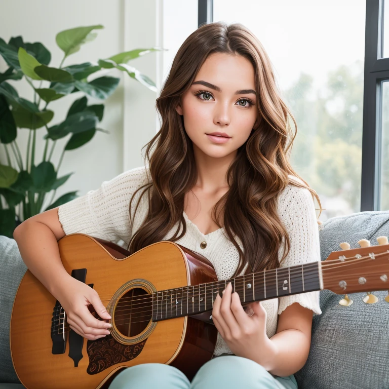 Photo of a young woman with a perfect face, Brown wavy hair cascading down her shoulders, Green eyes full of depth and expression, (Portrait), ((Detailed face:1.2)), ((detailed facial features)), (finely detailed skin), Playing a guitar with an intense focus, Living room environment, Sitting on a plush sofa, Warm, cozy, Sunlight filtering in through the window, Reflectors, (masutepiece) (perfectly proportions)(photos realistic)(Best Quality) (Detailed) photographed using a Canon EOS R6, 50mm Lens, F/1.8, Natural light, (4K)