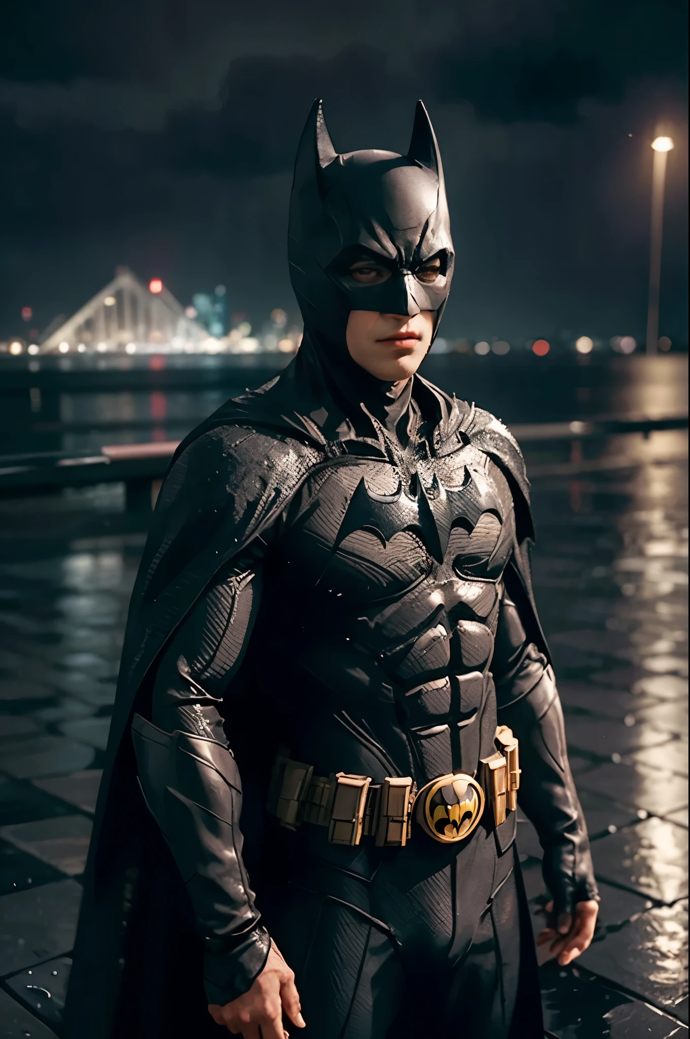 Batman standing majestically on a glistening rooftop in the pouring rain, water droplets relentlessly dripping from the edges of his cape, the city lights below reflecting in the numerous puddles scattered around, creating an atmosphere of intense broodingness. The moment is skillfully captured through the lens of a full-frame DSLR equipped with a 50mm f/1.4 lens, ensuring every detail of Batman's determined expression and the intricate raindrop trails are brilliantly brought to life in this masterpiece photography. (Highly Detailed, Ultra Realistic, Masterpiece, Rainy Night, Brooding Expression, Detailed Raindrop Trails,