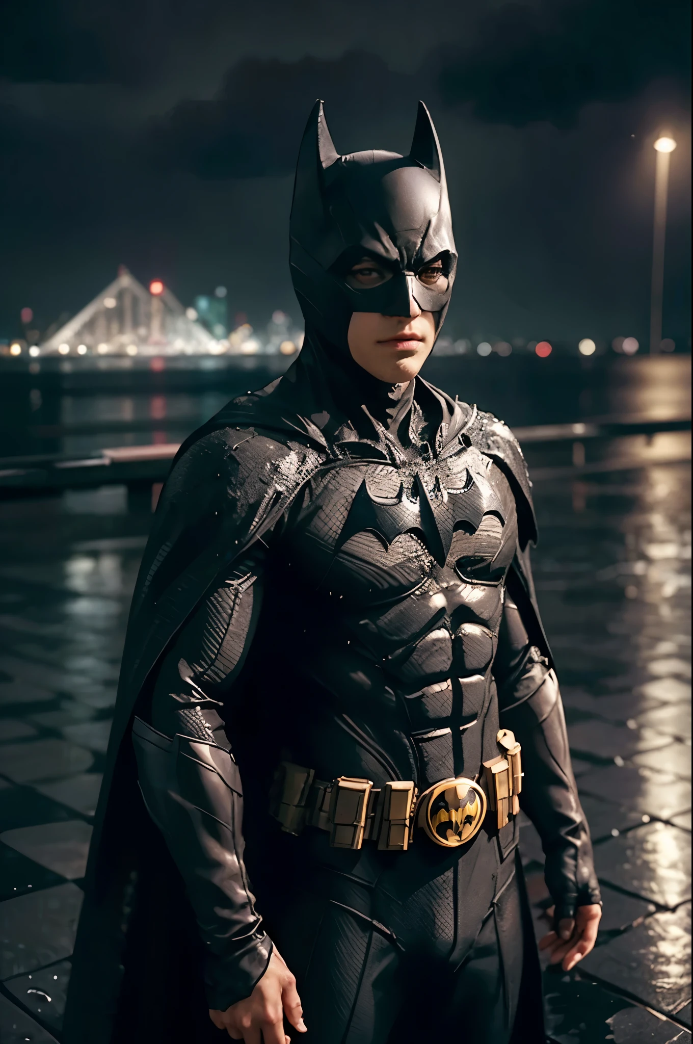 Batman standing majestically on a glistening rooftop in the pouring rain, water droplets relentlessly dripping from the edges of his cape, the city lights below reflecting in the numerous puddles scattered around, creating an atmosphere of intense broodingness. The moment is skillfully captured through the lens of a full-frame DSLR equipped with a 50mm f/1.4 lens, ensuring every detail of Batman's determined expression and the intricate raindrop trails are brilliantly brought to life in this masterpiece photography. (Highly Detailed, Ultra Realistic, Masterpiece, Rainy Night, Brooding Expression, Detailed Raindrop Trails,