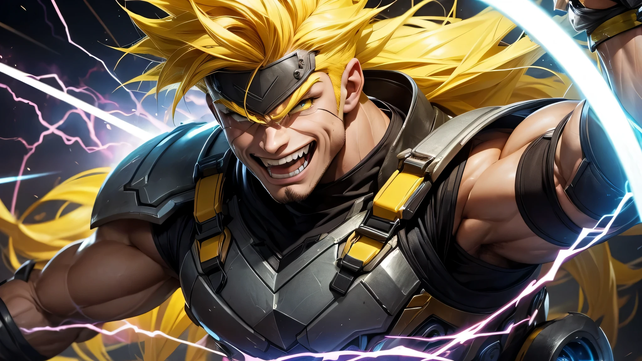 a male with a yellow hair and a gold outfit, Best quality, masterpiece, detailed skin texture, detailed clothes texture, detailed face, super detailed, 8k, intricate detail, The color doesn't change, Muscle guy, 1 male, angry, shining blue eyes.