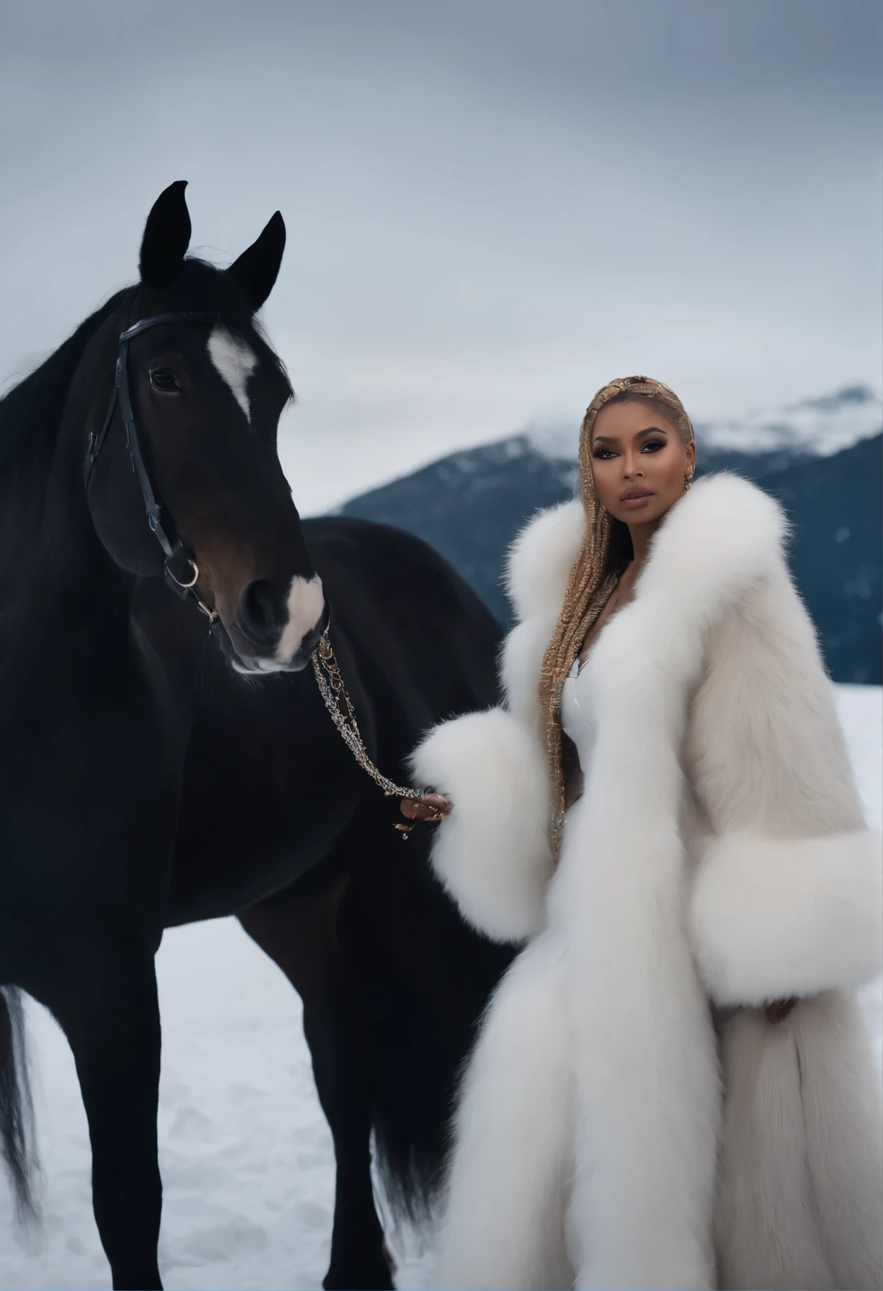 Niki minaj wearing white and black fur coat with long -curl hair , standing next to black horse, , Front facing, ultra detailed, ultra accurate detailed, Shot with canon EOS RI camera at 50 mm focal length with a 1.4 aperture. 4k, 8k. Heavy makeup and a coy expression, photo taken in snow mountain , Hyper realistic , ultra detailed