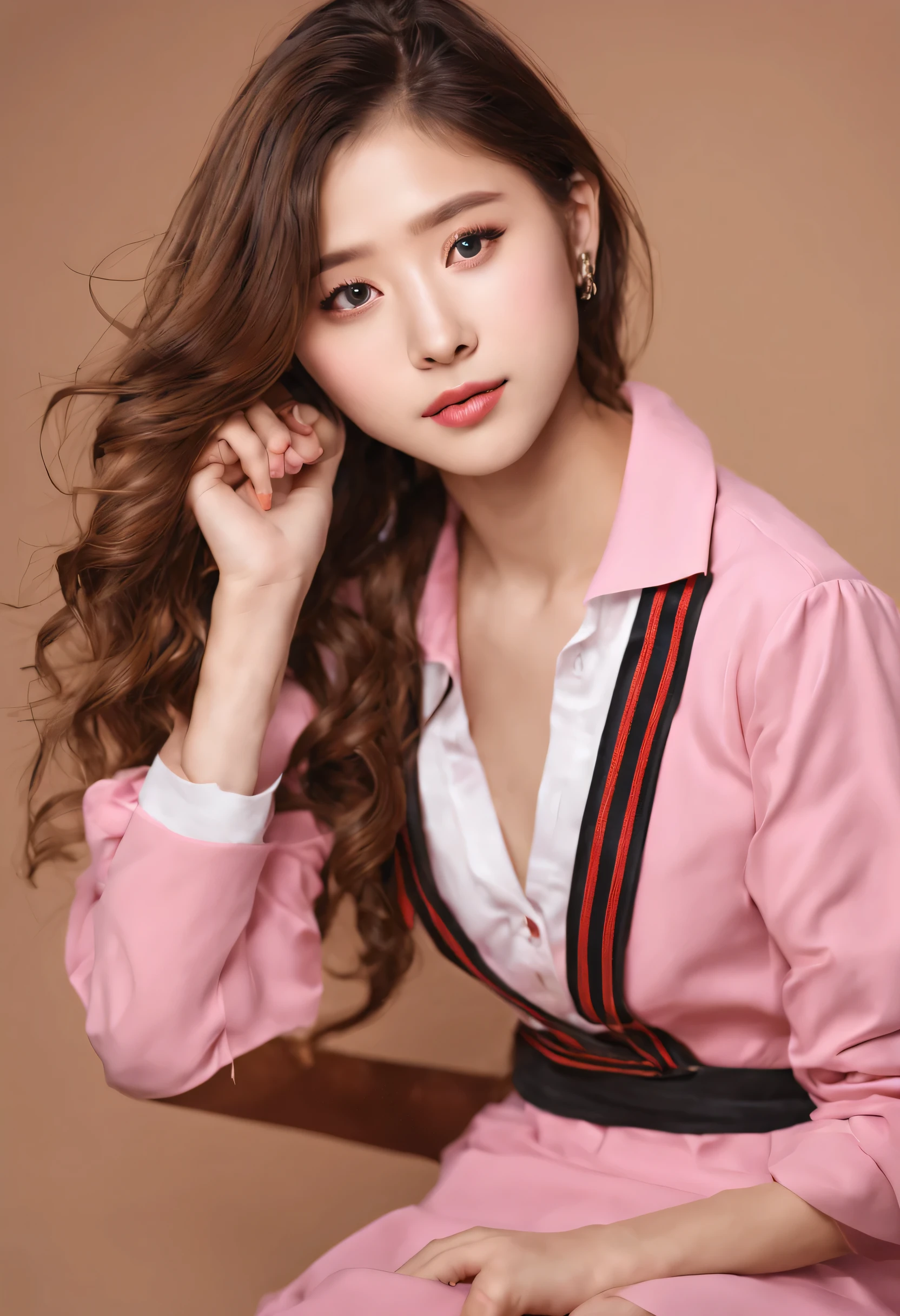 full bodyesbian "(Best quality,A high resolution),(Realistic),(Studio lighting),(Portrait),(16-year-old) Cute girl,(Reporter),(professional),(Vivid colors),(Detailed eyes, Lips),(Studio type),(Reporter),(microphones),(Professional attire),(confident smile),(Dynamic pose),(Neutral background),(Bright, a vibrant atmosphere)"Lovely journalist for 16 years (High quality,4K,8K,A high resolution,Masterpiece:1.2),Beautiful detailed eyes,beautiful detailed lips,Long hair,uniform, (((16 year old girl))),Long-haired girl in casual dress sitting in studio , hand sign,Mare hair,professional,Vibrant colors,Soft lighting,Subtle shadows,Messy bun, Mare hair breeze,stunning elegant pose,A confident expression,Expressive eyes,Curved eyelashes,Subtle blush,Sparkling highlights,sharp detailed,Soft skin,Precise coloring,Glowing atmosphere,Dynamic composition,Sublime works of art, Small round eyes, Chinese teenagers, glossy pink lips, Seductive cute smile, K pop look, Complete anatomy of the whole body