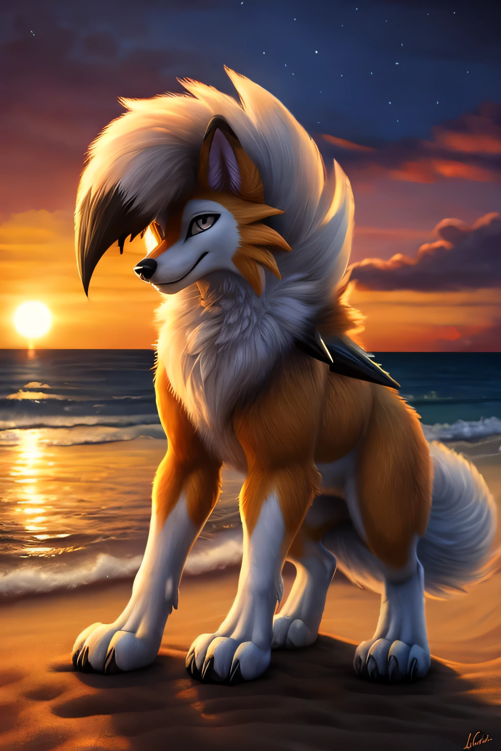 ((feral)),lycanroc,dusk form lycanroc,male, pokemon \(lycanroc-dusk\), anatomically correct,sunset,howling,stood on empty beach, [best quality, shaded, extreme detail, highly detailed, ultradetailed, intricate, realistic], detailed background,black neck spikes,sat,looking at sun