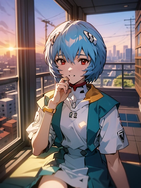 1 chica, ayanami, evangelion, 8k, Mejor calidad, uniforme escolar, aula, Sonrisa gentil, sentado en una silla, mirando por la ventana, Luz del atardecer, most detail