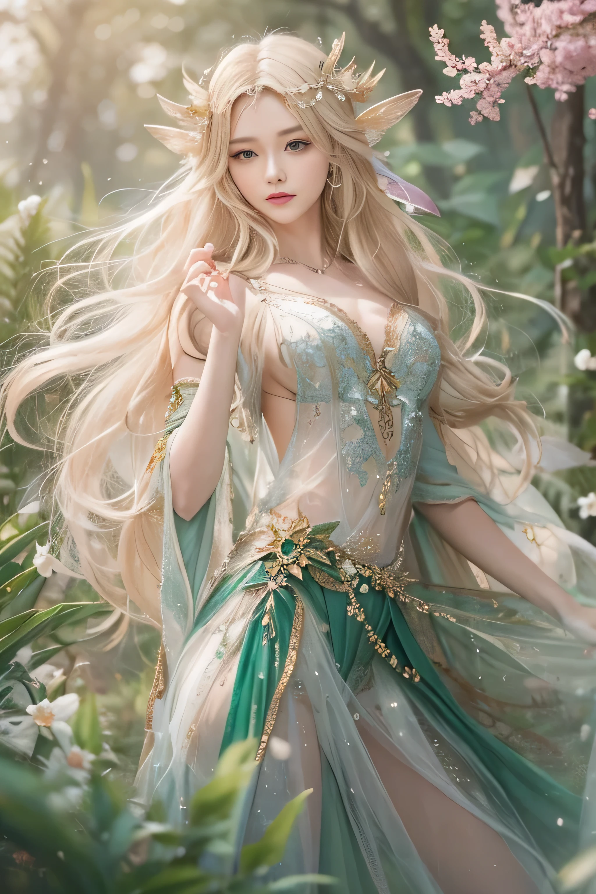 highest quality、High resolution、Super detailed、masterpiece、(Live shooting:1.5)、genuine:1.5、photogenuineistic:1.5、very delicate and beautiful、small details、(european:1.4)、(spread your legs:1.1)、Elegant and beautiful fairy portrait、She is in harmony with nature、beautiful like a fairy、Clear, glowing skin、emerald green eyes、(delicate and soft blonde hair)、light, Feather-like hair ornaments and accessories、Elegant and flowing fairy-like costume、A background that blends in with nature