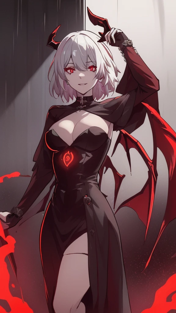 a dark red demon with horns, NSFW, no clothes, perfect body proportions, with red glowing eyes, red glowing eyes, evil smile and glowing eyes, the grim reapper, | demonic | horror themed, demon girl, grimdark vibes, evil glow, helltaker, dark art style, with glowing red eyes, kk, best quality, more details, masterpiece, 1girl, kaneki ken, girl focus, red eyes, solo, short hair, rain, tokyo tokyo \(hell\), white hair, luxurious, 8k, detailed, ray tracing, depth of field, cinematic lighting, devil, demon, (((​masterpiece)))、(((top-quality)))、((ultra-detailliert)), Vampires,