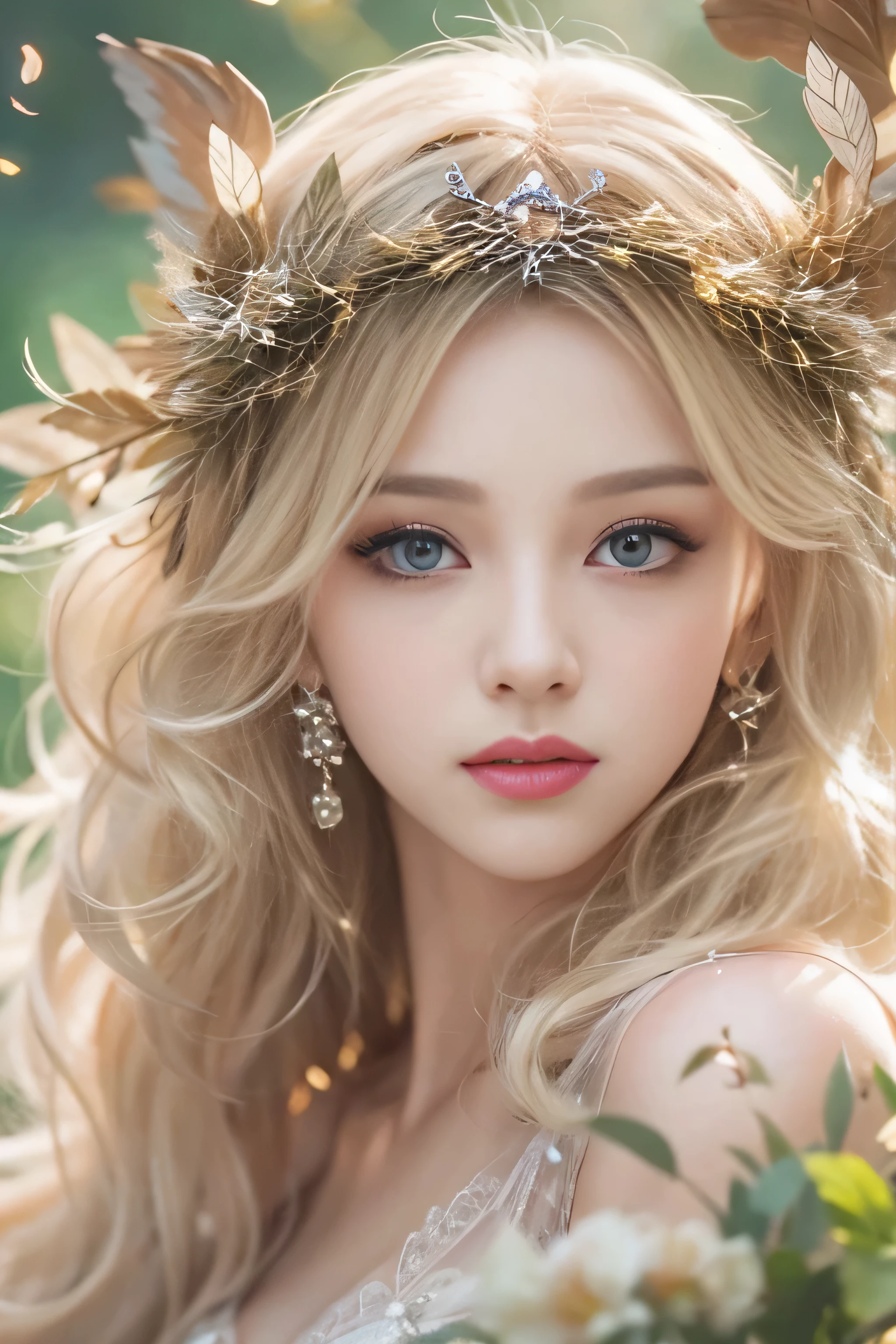 highest quality、High resolution、Super detailed、masterpiece、(Live shooting:1.5)、genuine:1.5、photogenuineistic:1.5、very delicate and beautiful、small details、(european:1.4)、(spread your legs:1.1)、Elegant and beautiful fairy portrait、She is in harmony with nature、beautiful like a fairy、Clear, glowing skin、emerald green eyes、(delicate and soft blonde hair)、light, Feather-like hair ornaments and accessories、Elegant and flowing fairy-like costume、A background that blends in with nature