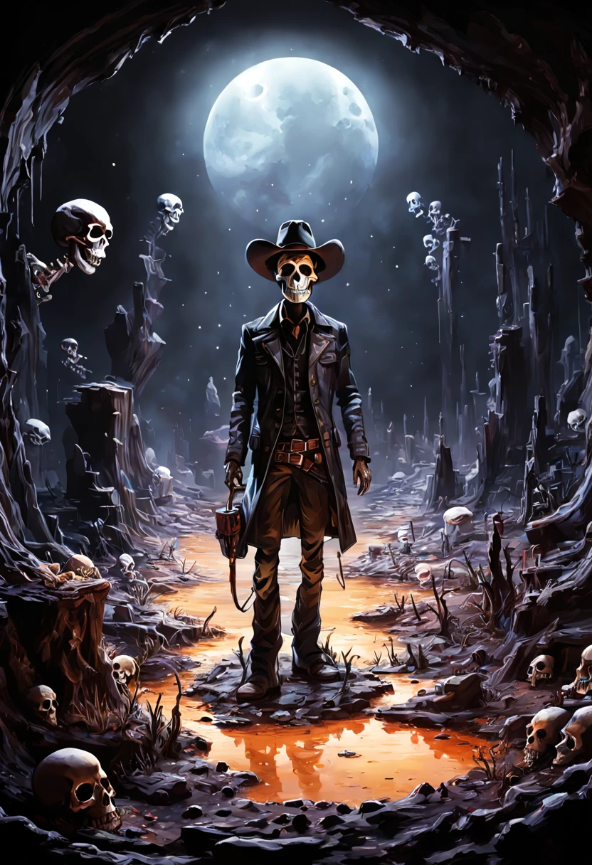 It's night time, the atmosphere is eerie and mist rises from the ground. A haunting void faced skeleton is from the chest up in the front of the image. The void faced skeleton lis gazing upon a skull made of melting dark matter, the skull has charred old cowboy hat on. he is holding up with one hand close to it's void face.  A large oilpainting is hanging by itself above the ground on the background, painting portraits an old crubled well and a  pair of footprints on the ground, the footprints step out of the painting and leads all the way to void faced cowboy.