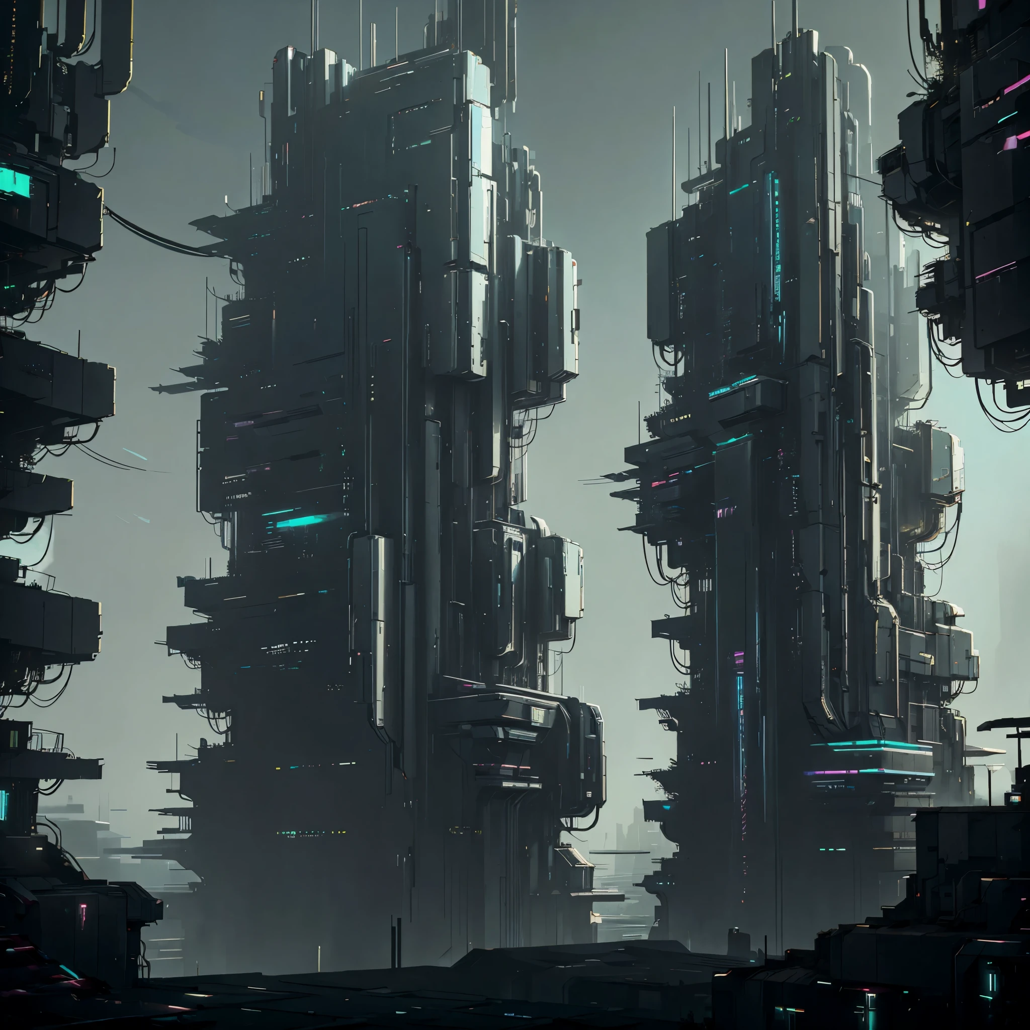 Cyber punk style buildings in dystopian neighbour, cyberpunk style