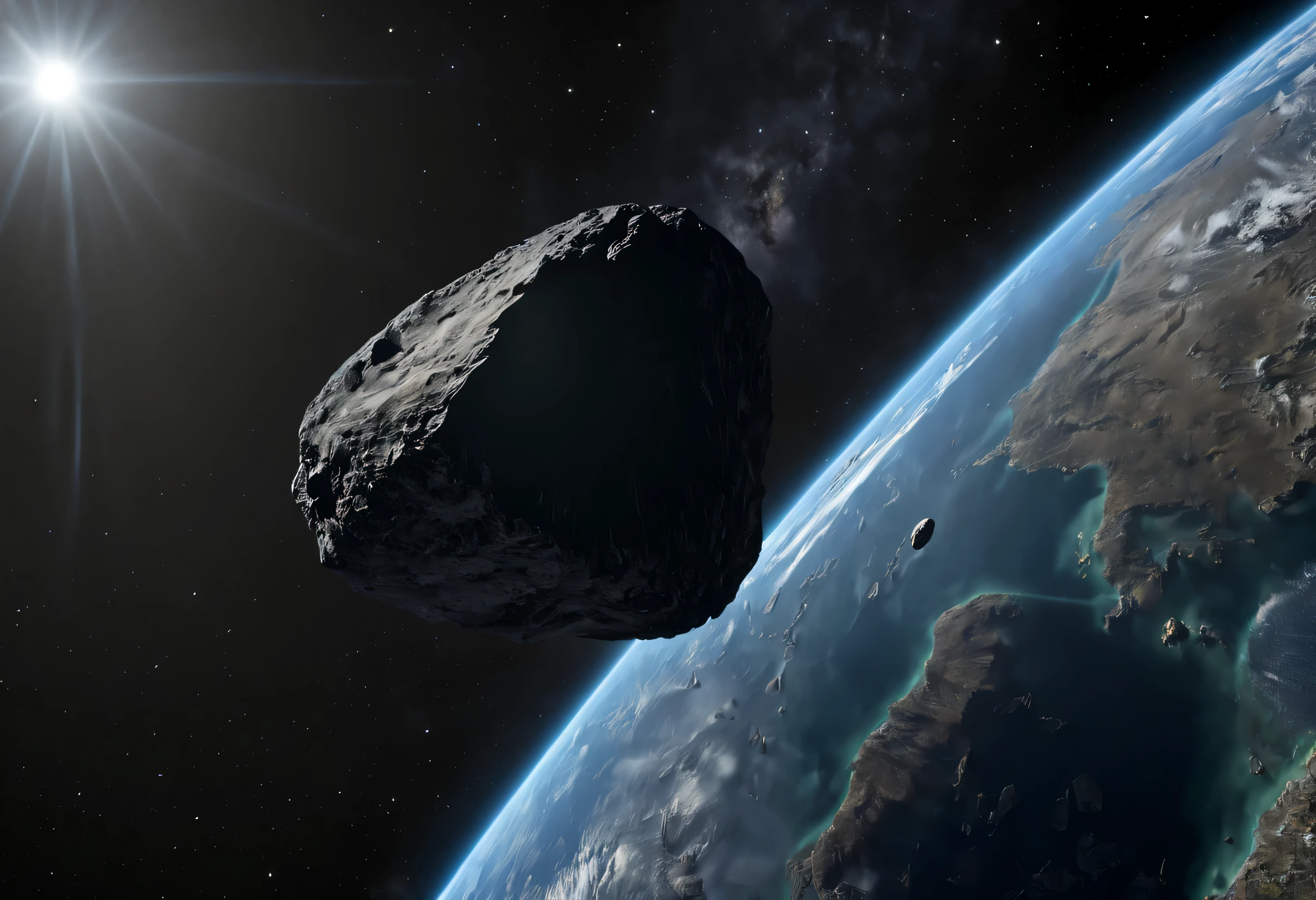 (best quality, 4k, 8k, high resolution, masterpiece: 1.2), ultra detailed, (realistic, photorealistic, photorealistic: 1.37), A small asteroid coming close to earth