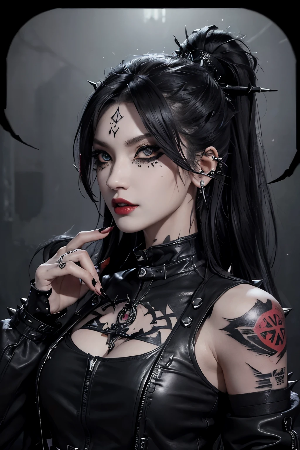 Intricate details, Ultra detail, 超高分辨率, Masterpiece, Random angles, Slender, Smile, punk rock flair, (large fangs: 1.0), long, messy black hair, (red lips: 1.3), dark, gothic clothing, arms crossed, intimidating gaze, shiny leather jacket, (dark skin: 1.2), (tattered clothing: 1.5), (piercings: 1.3), (tattoos: 1.4), (spiked bracelets: 1.2), (black eyeliner: 1.7), (pale complexion: 1