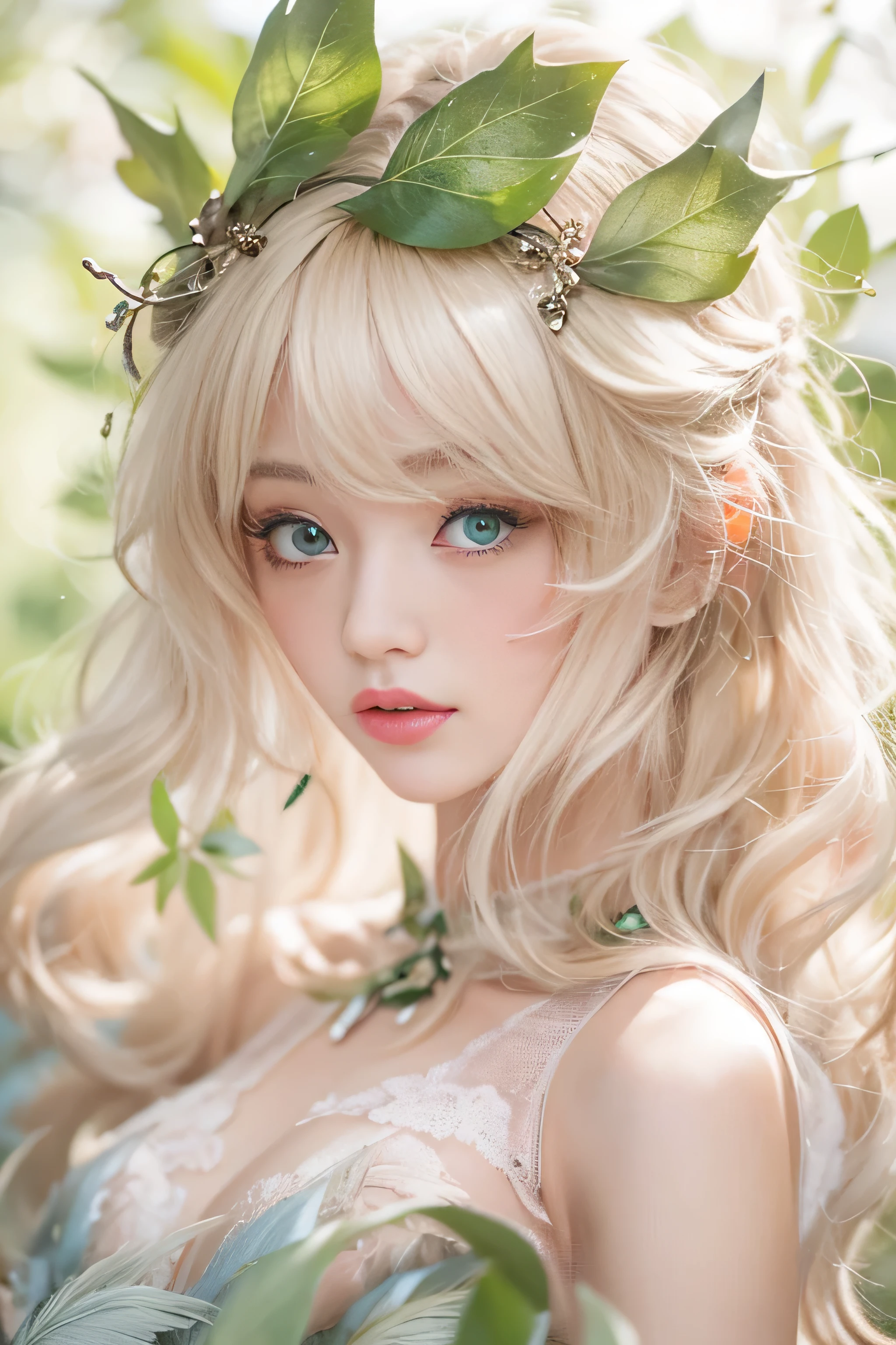 highest quality、High resolution、Super detailed、masterpiece、(Live shooting:1.5)、genuine:1.5、photogenuineistic:1.5、very delicate and beautiful、small details、(european:1.4)、(spread your legs:1.1)、Elegant and beautiful fairy portrait、She is in harmony with nature、beautiful like a fairy、Clear, glowing skin、emerald green eyes、(delicate and soft blonde hair)、light, Feather-like hair ornaments and accessories、Elegant and flowing fairy-like costume、A background that blends in with nature