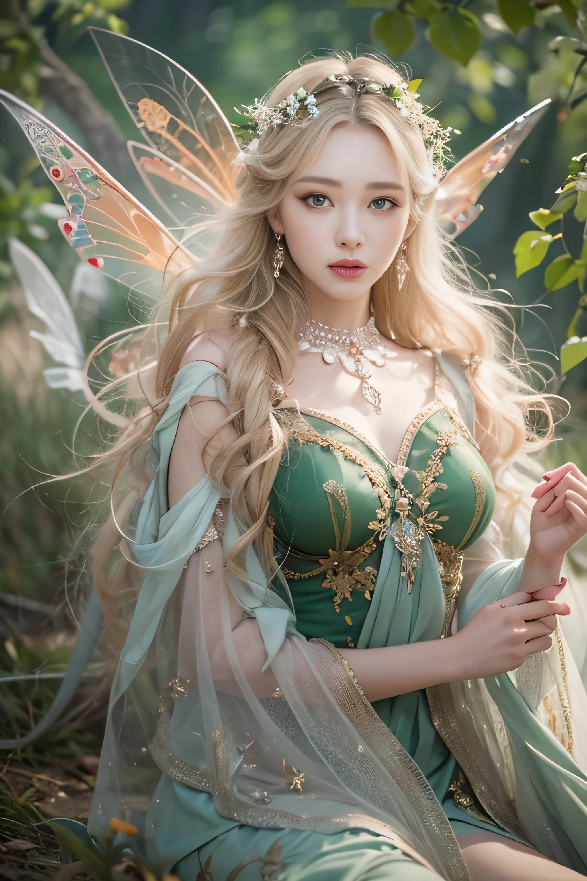 highest quality、High resolution、Super detailed、masterpiece、(Live shooting:1.5)、genuine:1.5、photogenuineistic:1.5、very delicate and beautiful、small details、(european:1.4)、(spread your legs:1.1)、Elegant and beautiful fairy portrait、She is in harmony with nature、beautiful like a fairy、Clear, glowing skin、emerald green eyes、(delicate and soft blonde hair)、light, Feather-like hair ornaments and accessories、Elegant and flowing fairy-like costume、A background that blends in with nature