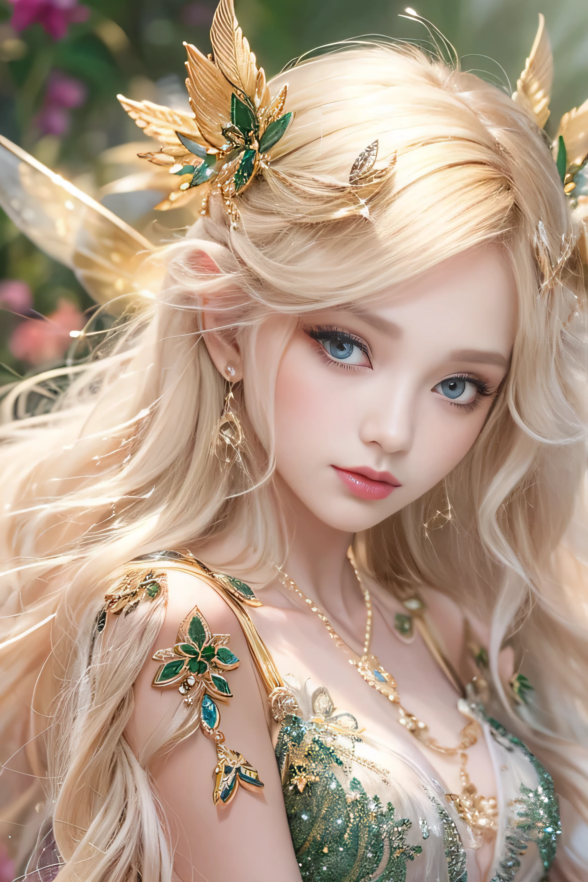 highest quality、High resolution、Super detailed、masterpiece、(Live shooting:1.5)、genuine:1.5、photogenuineistic:1.5、very delicate and beautiful、small details、(european:1.4)、(spread your legs:1.1)、Elegant and beautiful fairy portrait、She is in harmony with nature、beautiful like a fairy、Clear, glowing skin、emerald green eyes、(delicate and soft blonde hair)、light, Feather-like hair ornaments and accessories、Elegant and flowing fairy-like costume、A background that blends in with nature