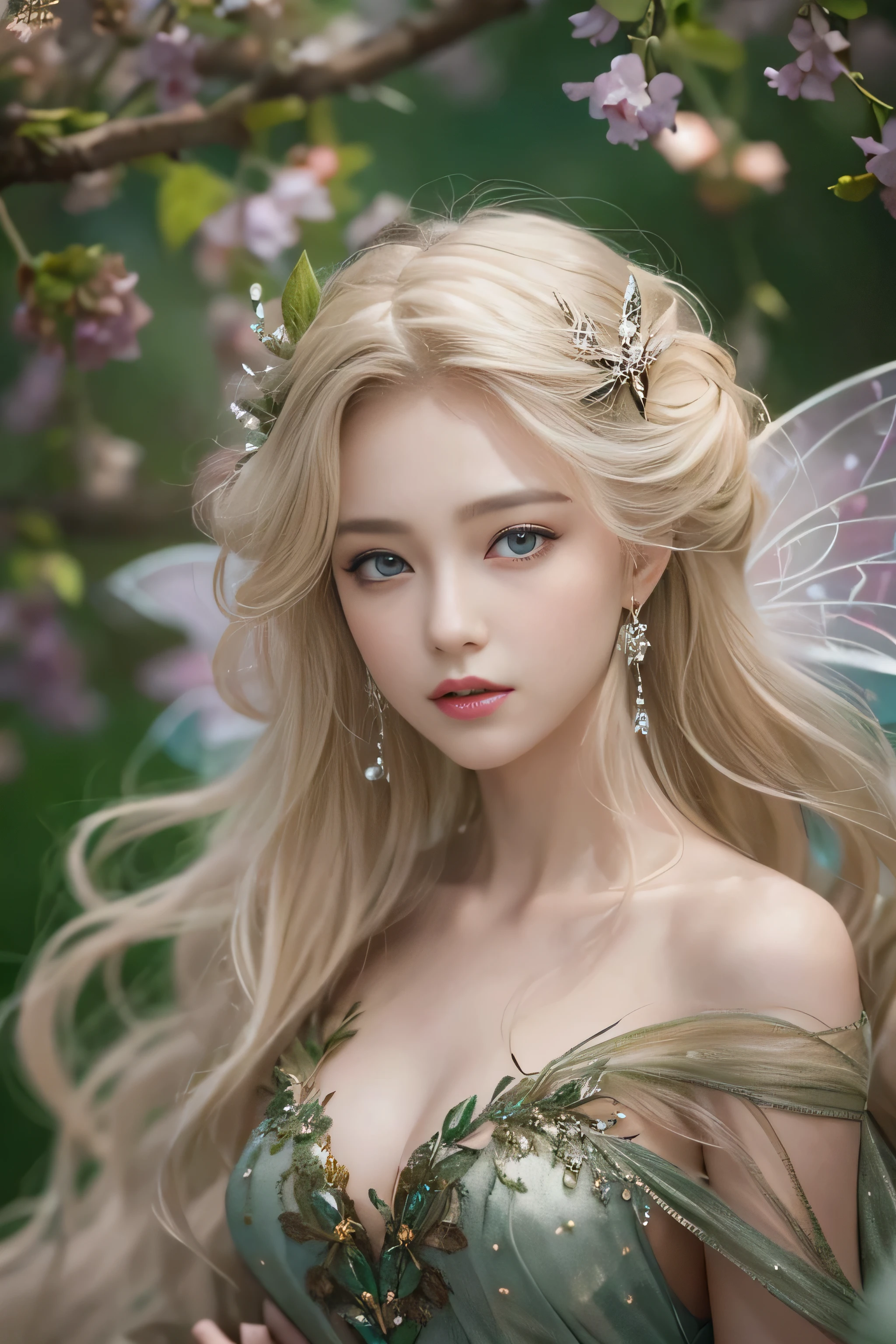 highest quality、High resolution、Super detailed、masterpiece、(Live shooting:1.5)、genuine:1.5、photogenuineistic:1.5、very delicate and beautiful、small details、(european:1.4)、(spread your legs:1.1)、Elegant and beautiful fairy portrait、She is in harmony with nature、beautiful like a fairy、Clear, glowing skin、emerald green eyes、(delicate and soft blonde hair)、light, Feather-like hair ornaments and accessories、Elegant and flowing fairy-like costume、A background that blends in with nature