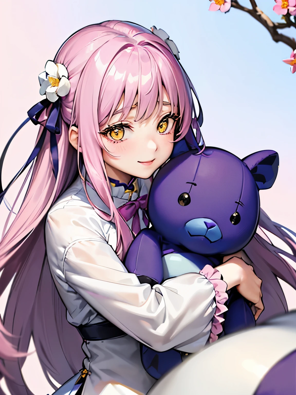 (薄いpinkの髪:1.2),(long hair:1.3),(hair with volume:1.25),(big ribbon:1.3),(yellow eyes:1.4),(eye size:1.5),((Feminine fashion:1.4)),(Background full of blooming flowers:1.5),(blush),(upper grade:1.3),(small breasts:1.4),((focus on face:1.5)),((look up:1.25)),BREAK//(fashion color white、dark blue、purple、pink:1.3),(smile:1.2),((Hug an oversized stuffed animal:1.5)),((🧸hug:1.3)),