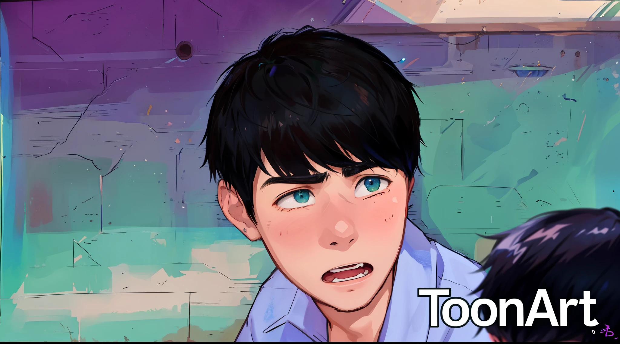 15-year-old boy with dark green hair and a blue shirt is surprised, scared and looks fearfully at his friend
