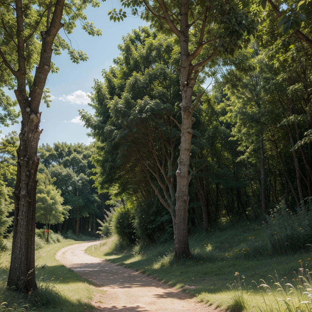 Fairytale forest in summer, Bright sun, blue sky